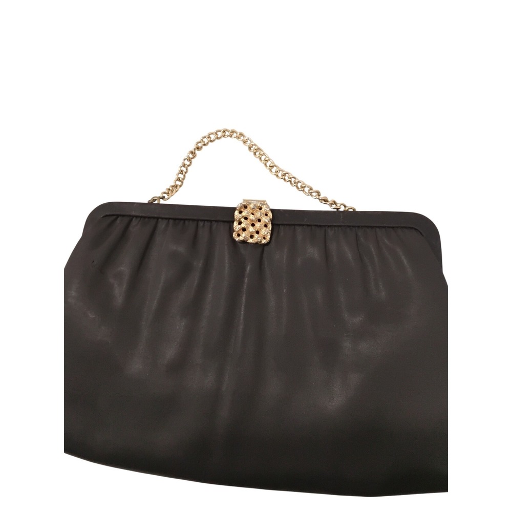 HL USA Vintage Black Satin Evening Clutch Gold Filigree Clasp‎ Chain Handle Bag